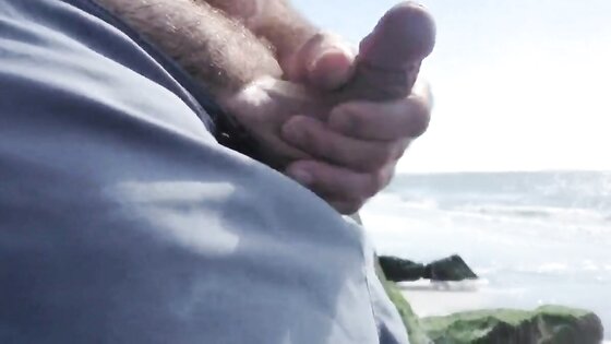 Jerking off on public beach-Big Cum Shot-Hairy Bear