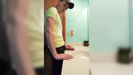 straight hunk with fat dick jerks off in bathroom