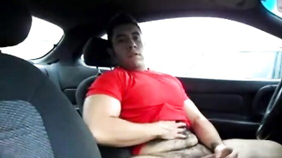 Hairy Latino bud jacks off in his car