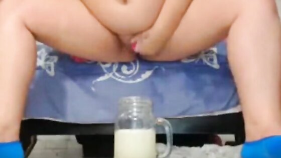 bbw preg squirts creamy cum into glass again