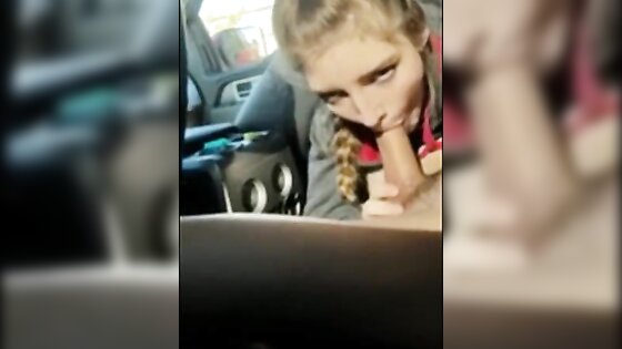 Blonde college girl with braids sucks cock in the car