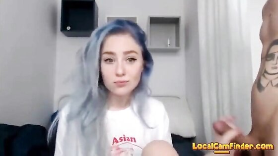 Blue haired cam girl sucks