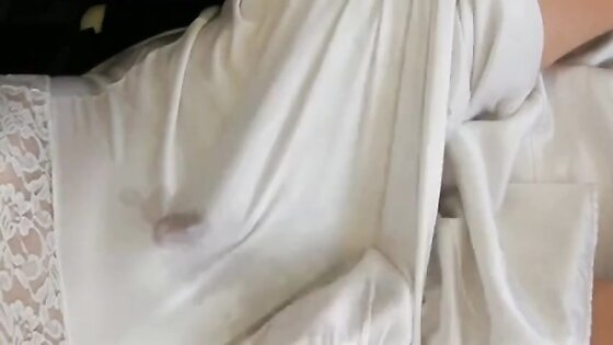 White nylon slip wank & cum