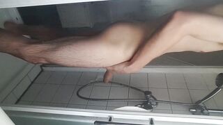 Shaving, jerking my young big cock ass spread boy