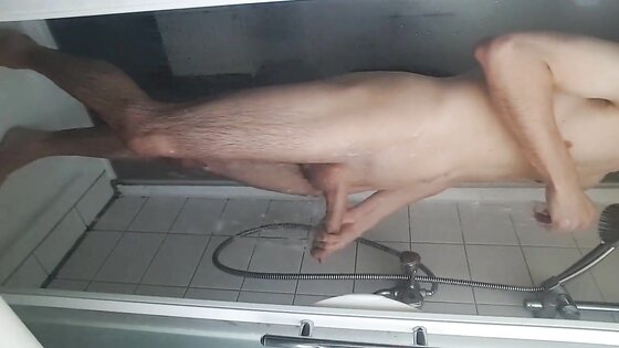 Shaving, jerking my young big cock ass spread boy