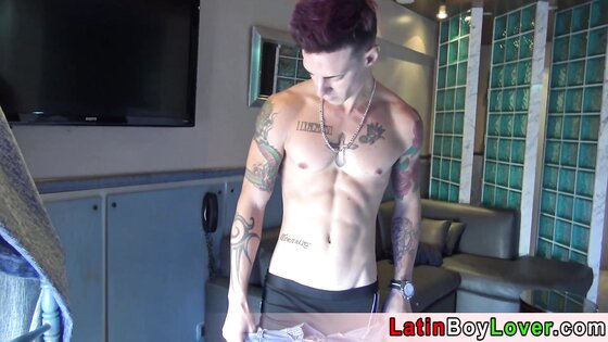 Inked amateur latin stud with big dick masturbating