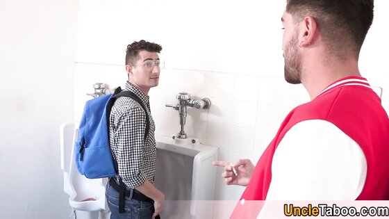 Scared bookworm serving a muscle stud in the toilet