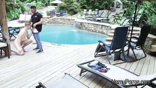 Security guard having fun with trespasser by the pool