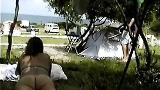 pantiless girl in the camping