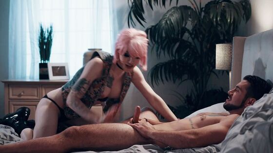 Pink haired shemale lets her sad stepbrother fuck her ass