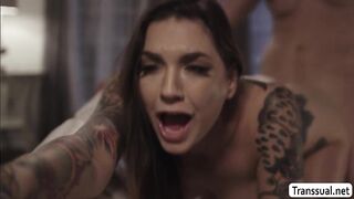 Busty tattooed babe gets fucked by stepbro shemale girlfriend