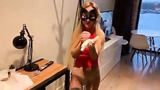 Masked Blonde Tries Dog And Toy