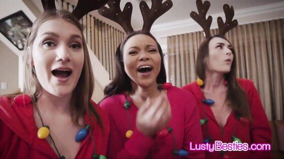 Three busty besties sharing Santa's dick
