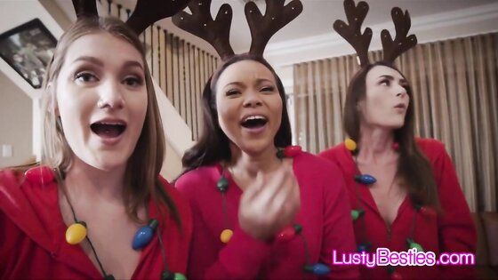 Three busty besties sharing Santa's dick