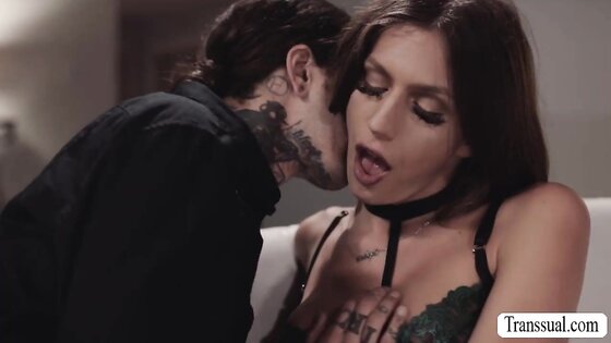 Busty shemale gets her ass licked and fucked by tattooed guy