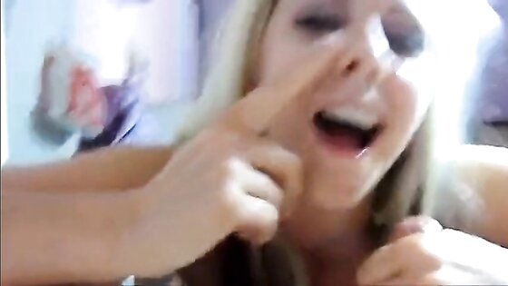 Laughing German blonde blowjob cumshot