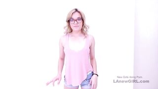 Blonde with glasses makes hard cock cum in studio