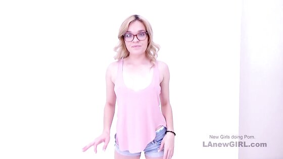 Blonde with glasses makes hard cock cum in studio