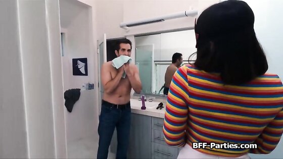 Sexy pranksters sharing cock in foursome