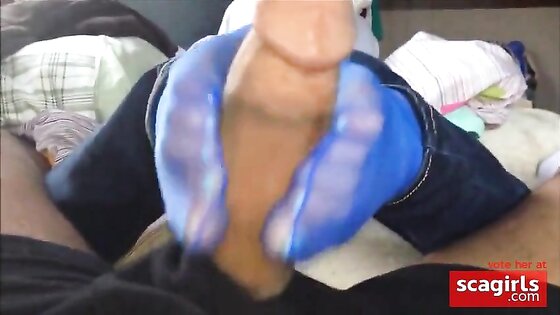 footjob in blue nylon socks