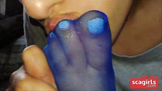 footjob in blue nylon socks