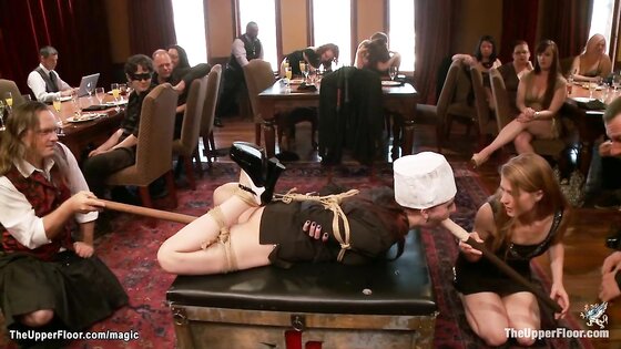 Hogtied chef gang bang fucked at party