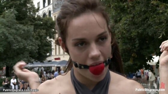 Gagged bound babe humiliated in public