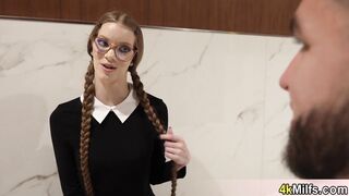 Nerdy MILF Erine Everheart in glasses takes a ride on a big dick