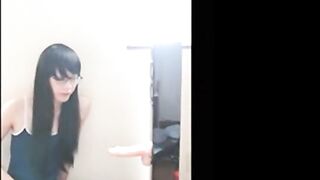 Cute Asian crossdresser cums on rubber cock 3