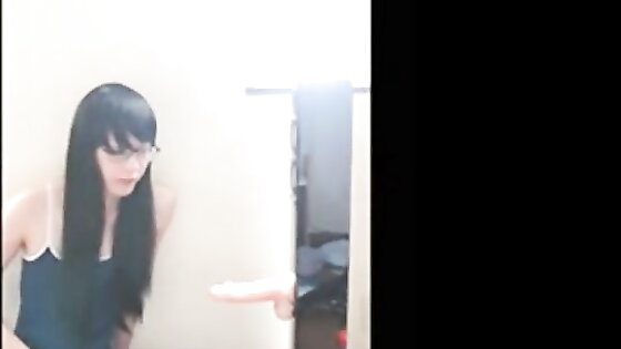 Cute Asian crossdresser cums on rubber cock 3