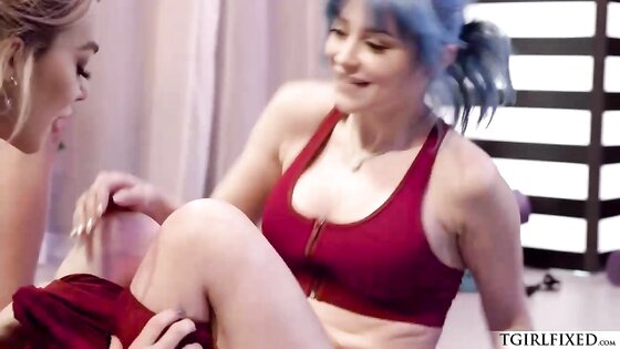 Big tits ts yoga instructor Emma Rose fucks babe Jewelz Blu